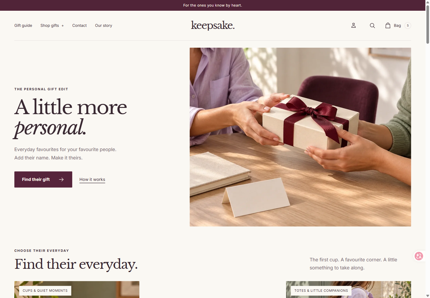 The current Keepsake homepage with an open heading and a photograph of friends exchanging a gift.