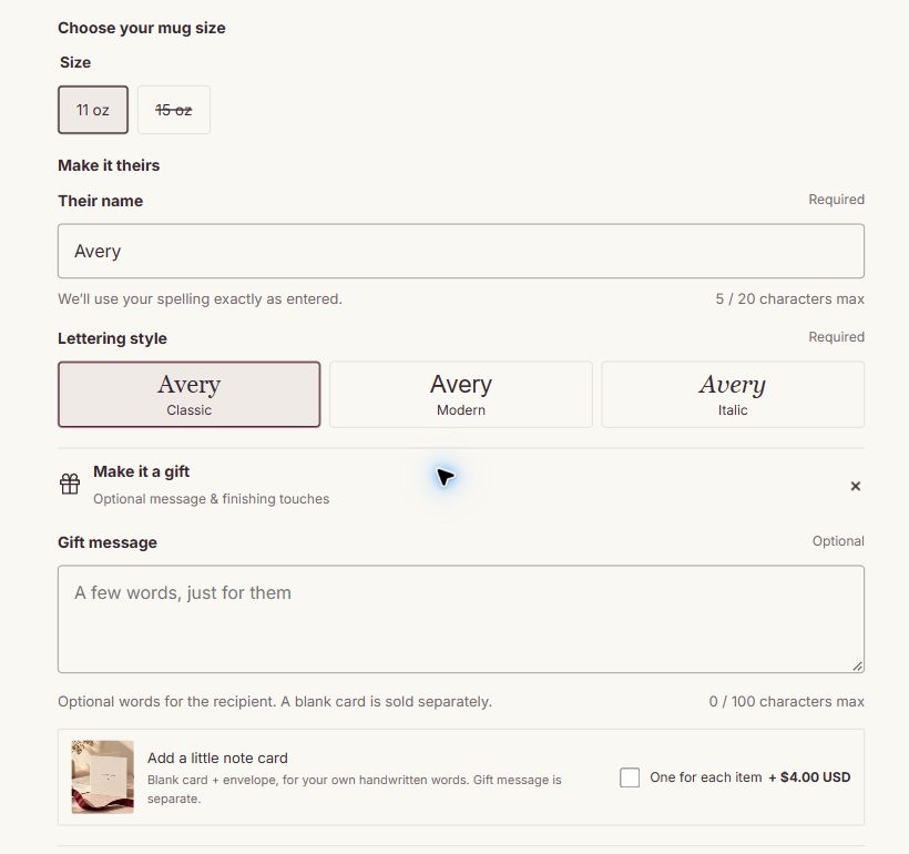 A name field, lettering choices, optional gift message and paid note card.
