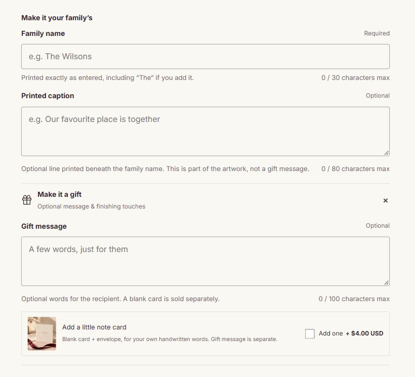 Printed caption remains with product text, while Gift message sits in the optional gift area.