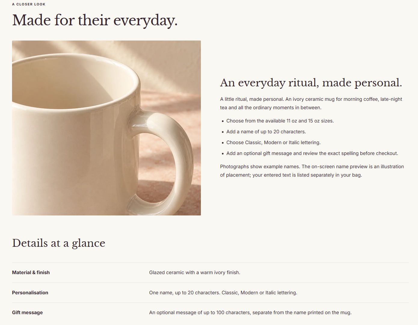 The detail area sits below the purchase form; this example uses a product description and three Specification rows. A complete product description with a photograph and specification rows.